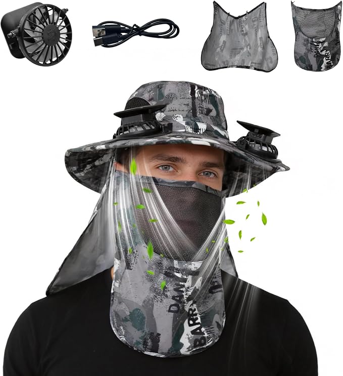 FUNHORUN Fishing Hat with Fans, Wide Brim Solar Fan Hat for Men Women, Outdoor Fishing Camping Hat with Neck Flap, Camo Bucket Hat