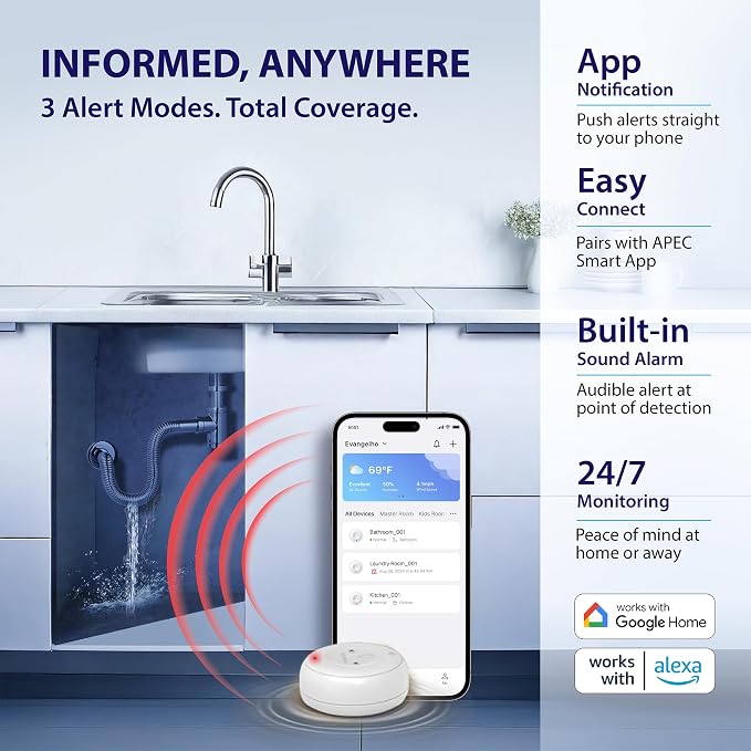 APEC WATER WiFi Water Leak Detector for Home, App Connected get Real-Time Alerts, Highly Reliable Dual Sensor Wet Moisture Detection (1PK)