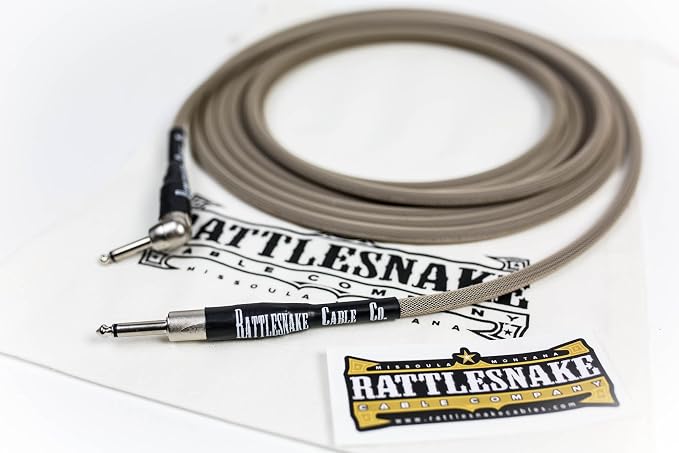 Rattlesnake Cable - 20 Foot Standard Dirty Tweed Guitar Instrument Cable Straight to Right Angle 1/4-Inch plugs