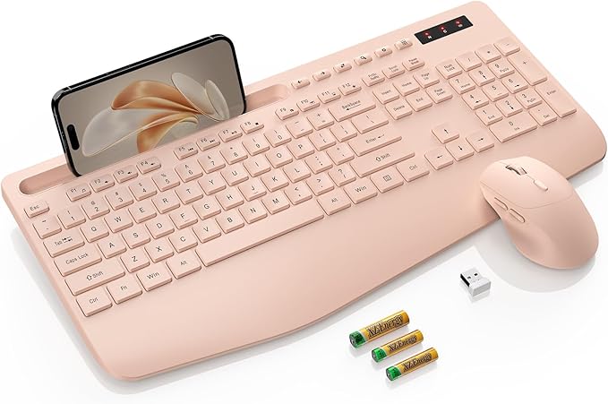 SABLUTE Wireless Keyboard and Mouse, Wrist Rest, Phone Holder, Batteries Included, 2.4G Lag-Free Ergonomic Keyboards Mouse Combo, Silent Cordless Set for Computer, Laptop, Mac, Windows (No Backlit)