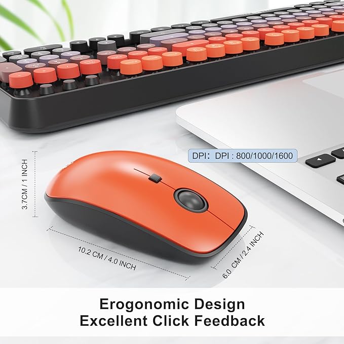 Orange Wireless Keyboard and Mouse Combo, Cute Retro Typewriter Style Round Key Keyboard, Letton Colorful Bubble Full Size Keyboard with Number Pad for Long Nails PC Laptop Office