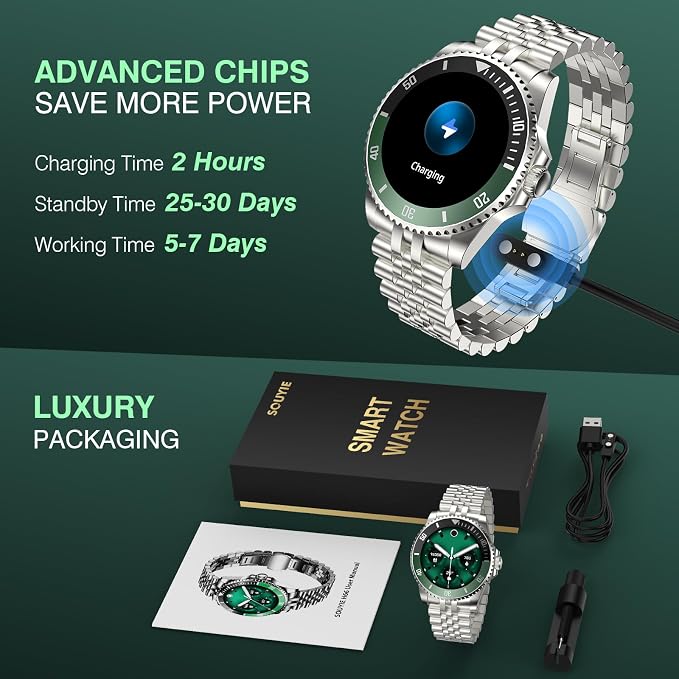 SOUYIE GPT AI Smart Watch for Men, Bluetooth Call Heart Rate Blood Pressure Blood Oxygen Sleep Monitor, 107 Sports Modes 1.19" AMOLED Display Waterproof Fitness Tracker Android iOS, 44mm Silver Green