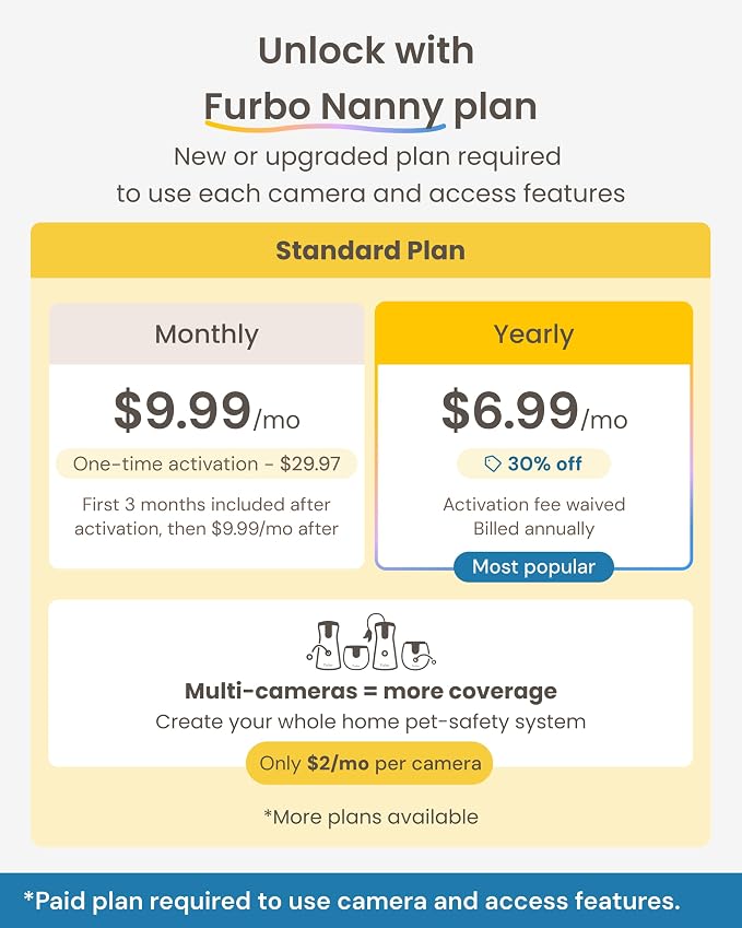 Furbo 360° Dog Camera + Mini 360° Cam [New Subscription Required at Setup] 2-Camera Bundle Nanny Subscription: Dog Safety Alerts, Pet Camera with Speaker, Phone App & Night Vision