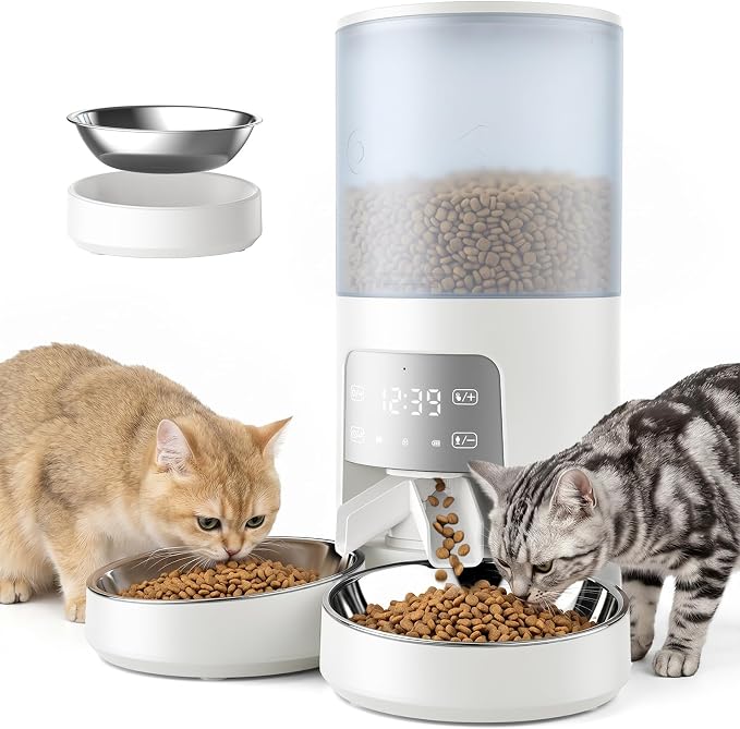 NEWBULIG Automatic Cat Feeder for 2 Cats, 6L/25.3 Cups Timed Pet Feeders with Dual Bowls, 10s Voice Recorder, Dog Food Dispenser for Dry Food, 6 Meals/Day, 50 Portions/Meal, Dual Power Supply, White