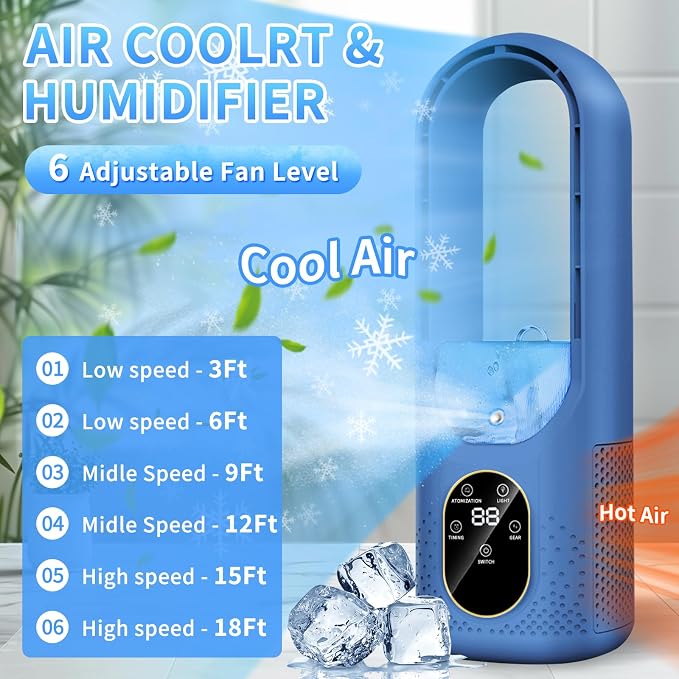 Desk Fan Bladeless - 6-Speed Portable Air Conditioner Fan - 3-in-1 Personal Cooling Fan -Small AC Unit With 200ml Water Tank/1-6H Timer/USB Powered Evaporative Air Cooler Table Fan for Bedroom Office
