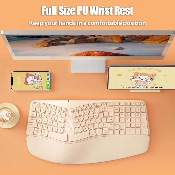 Bow Split Ergonomic Keyboard Wireless with Cushioned Wrist & Palm Rest, Wireless 2.4G/Bluetooth/Wired USB-C, Comfortable Natural Typing, Compatible with Windows/Mac/PC/Laptop, Milk Tea