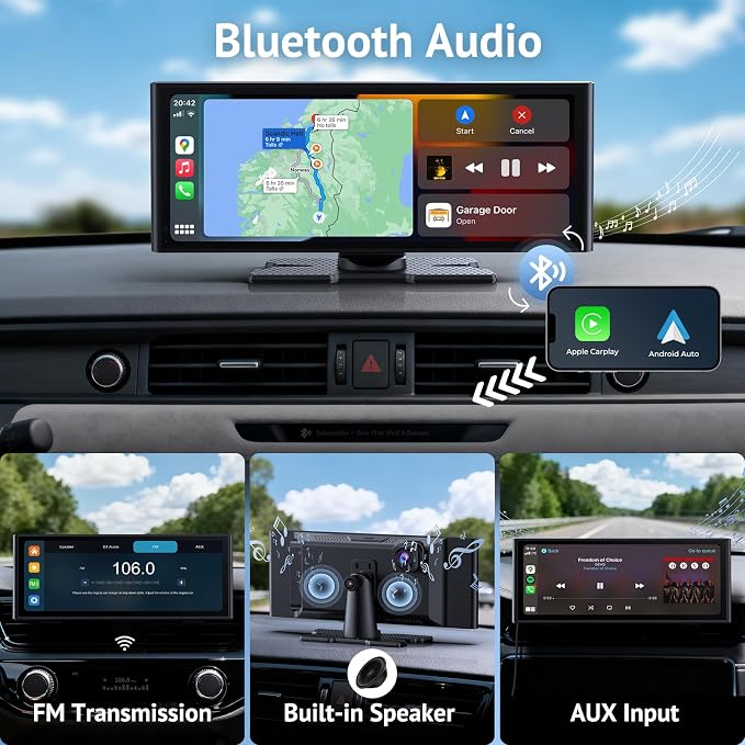 10.26" HD Wireless CarPlay Screen for Carplay & Android Auto Touch Screen,4K Dash Cam,1080P Backup Camera,Mirror Link,GPS,Bluetooth,64G TF,for All Vehicles