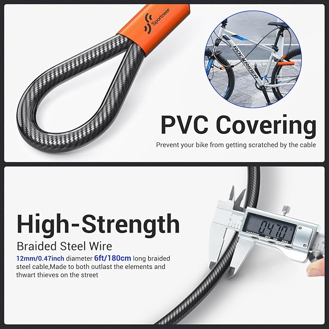 Sportneer Bike Lock: Heavy Duty Bike U Lock with 6ft Security Steel Cable - 18mm Shackle Bicycle U-Locks with Keys and Sturdy Mounting Bracket for Road Mountain Bike Bicycle-Size 11.5''x6.25'', Orange