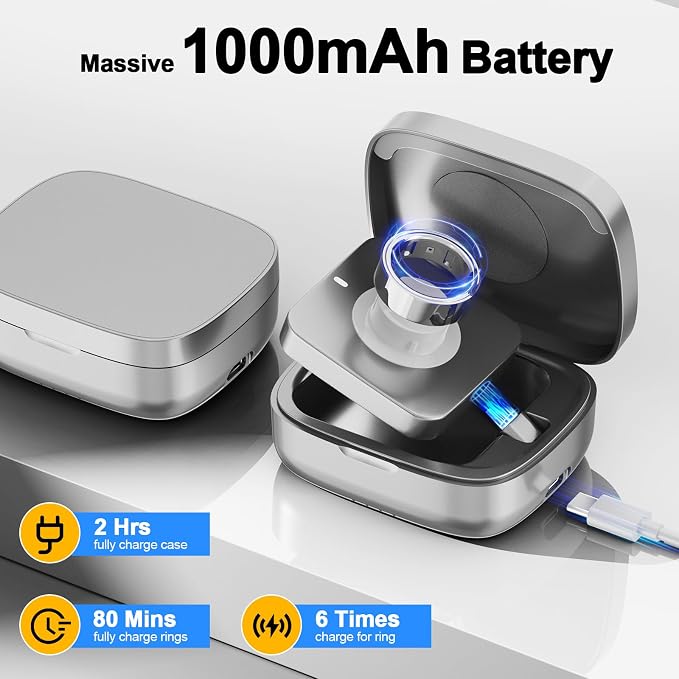 Wireless Charging Case for Oura Ring Gen 5, 4 & 3 Charger, 1000mAh Portable Travel Power Station Fits All-Sized Oura Ring 5, 4 & 3, 30-Day Runtime (Official Charger NOT Included)(Silver)