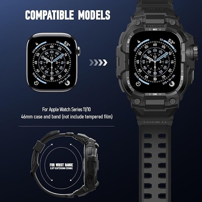 BXUXOHS Rugged Case and Band for Apple Watch 46mm Men, Compatible with Apple Watch Series 11/10, Military Grade Shockproof Bumper Cover, Tactical Band Case for iWatch 11/10 Man, Black