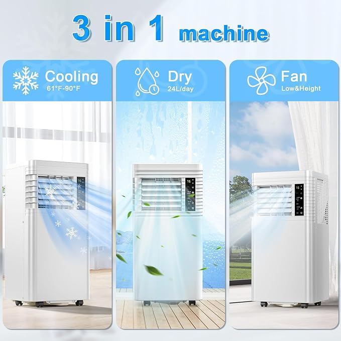 Antarctic Star 8000 BTU ASHRAE Portable Air Conditioner, 4‑in‑1 Quiet AC Unit with Dehumidifier & Fan Mode, Ultra Easy Install, Cools up to 350 Sq Ft for Bedroom, Office, Studio & Apartment