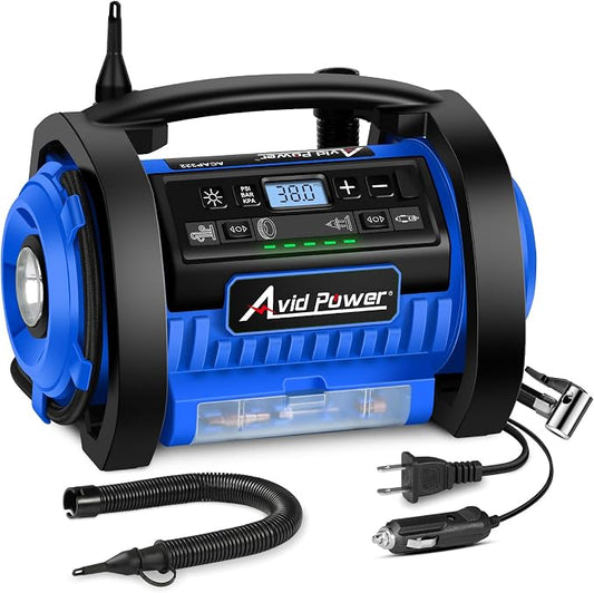 AVID POWER Tire Inflator Portable Air Compressor, 12V DC 110V AC Car Tire Pump, Air Mattress Pump with Inflation and Deflation Modes, Dual Powerful Motors, Digital Pressure Gauge