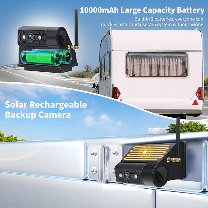 Solar Magnetic Wireless Backup Camera, 7 Inch Portable Installation RV Backup Camera, 1080P HD Rear View Camera, Rechargeable 7'' Monitor Kit for Car, IR Night Vision, 150° Wide Angle, DIY Guide Lines