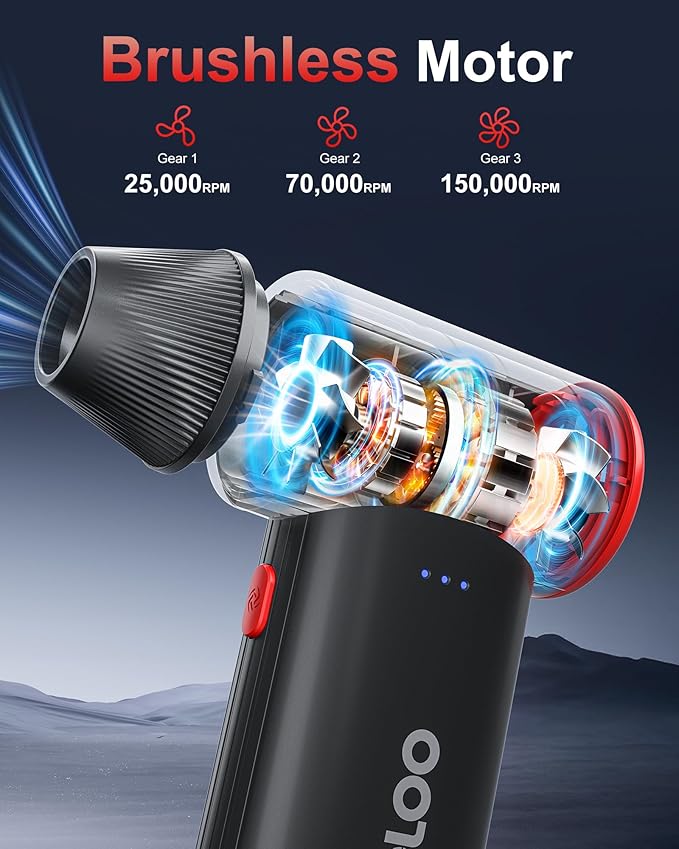GOOLOO F3 Compressed Air Duster, 150000RPM Duster for Cleaning, 3-Gear Rechargeable Electric Air Blower with Fast Charging, Cordless Mini Blower for PC, Computer, Car, Keyboard, Outdoor