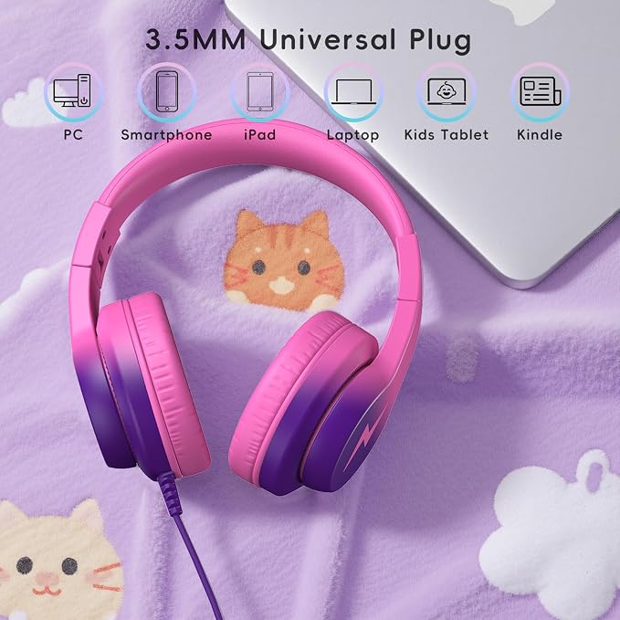 Candy Bila Kids Headphones, Wired Headphones for Kids Over Ear with Microphone, 85/94dB Volume Headphone for Girls Boys, Foldable Headphone for Learning & Entertainment, Deep Purple and Pink
