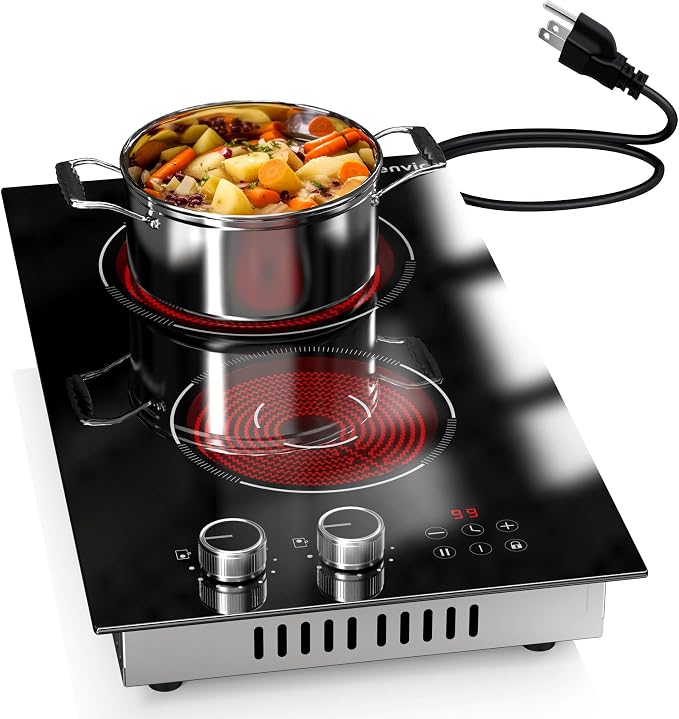2 Burner Electric Cooktop 110V with Plug Karienvir, 2000W Electric Stove Knob & Touch Control, 12 Inch Stove Top Bunrer, 9 Power Levels, Safety Lock, Timer, Pause Function