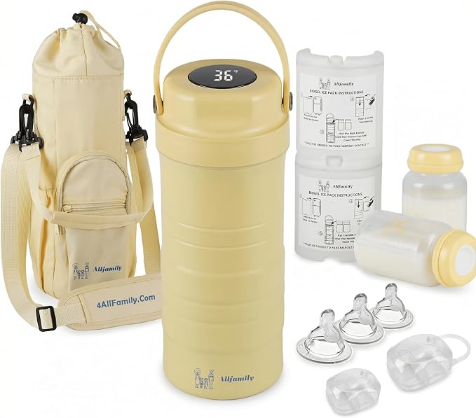 4ALLFAMILY 22oz Breast Milk Cooler Travel Bag – Larger Capacity Stores 2x11oz Bottles for More Milk - 24+ Hour Biogel Cooling & TSA-Compliant - Breastmilk Cooler Storage with Silicone Nipples – Ivory