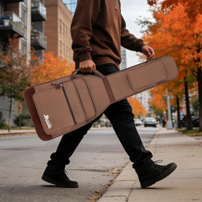 Electric Guitar Bag 0.5 Inch Padding Electric Guitar Case, Electric Guitar Gig Bag Backpack with Neck Strap and 4 Pockets, Brown