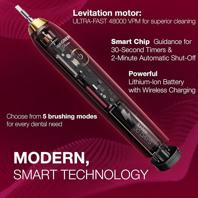 Wagner Stern The Ruby Red Edition ultrasonic whitening Electric Toothbrush Features Five Brushing Modes, Eight Soft Brush Heads, and a Premium Travel case.