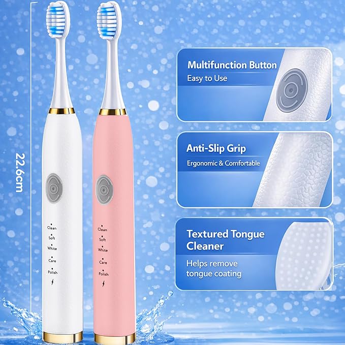 2 Pack Electric Toothbrush for Adults, Travel Electric Toothbrush Includes 10 Replacement Brush Heads, 5 Modes, 2 Hours Charge for 45 Days (White & Pink)