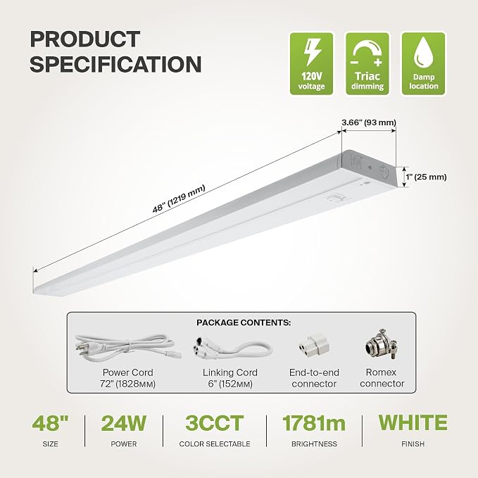 ASD LED Under Cabinet Lighting Plug in or Hardwired 48 Inch, Dimmable Under Cabinet Lights with High/Low/Off Switch, 3CCT 2700K-4000K, Linkable Under Counter Lights for Kitchen, ETL Listed, White