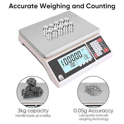 Industrial Counting Scale 3kg/0.05g with RS232 Port Digital Inventory Counting Scale for Parts Coins Piece Counting Scale for Computer/Printer, Precision Electronic Gram Scale(g/kg/lb)
