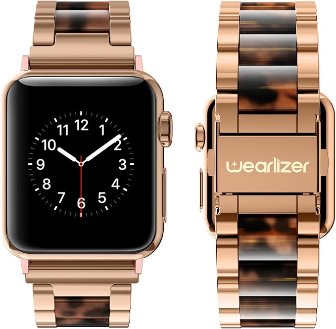 Wearlizer Tortoise Compatible with Apple Watch Band 38/40/41/42mm Womens, Replacement Stainless Steel Strap Fashion Resin Wristband Bracelet iWatch Series 11 10 9 8 7 6 5 4 3 SE/Ultra 3 2 1-Rose Gold