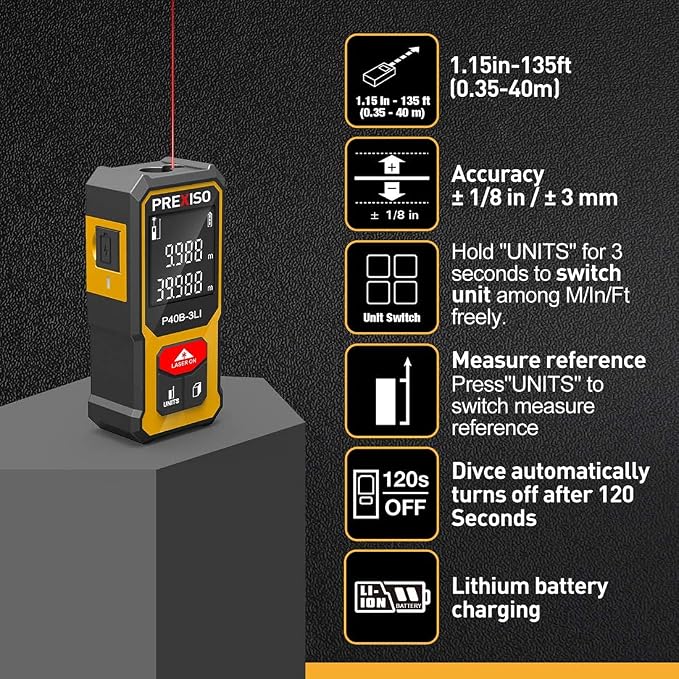 PREXISO Mini Laser Measurement Tool, 135Ft Rechargeable Laser Distance Meter Ft/Ft+in/in/M Unit, Laser Measure with High Accuracy, Pythagorean, Distance, Area, Volume Modes