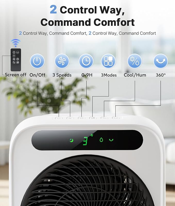Portable Evaporative Swamp Cooler - Portable Air Conditioner with 3 Modes & 3 Speeds, 6.6 Gallon Cold Air Cooler, Cooling Fans that Blow Cold Air for Home, Office, 2 Ice Packs