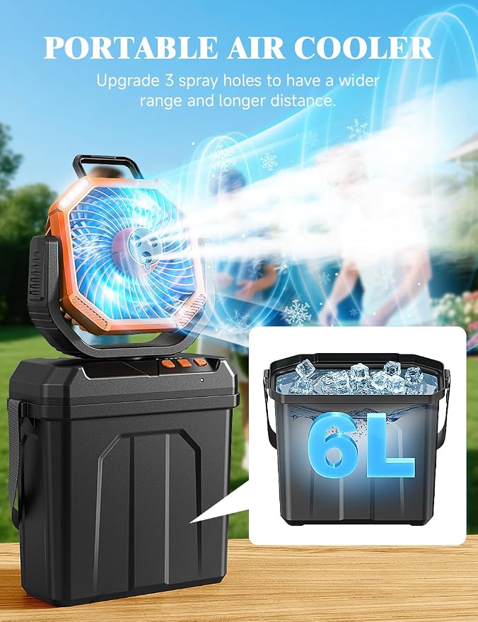 Portable Misting Fan for Outdoors Patios, 20000mAh Rechargeable, 6L Quiet Air Cooling with Remote, 4 Speeds, Spray, 30 dB Camping Fan for Bedroom, Office (Orange)