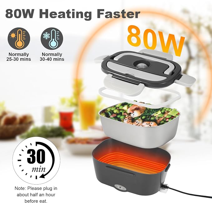 SOHIDA Electric Lunch Box, 12V/24V/110V Portable Food Warmer with SS Fork & Spoon for Car/Truck/Office, 80W Self Heating Lunch Box with 1.5L 304 Stainless Steel Container & 0.45L PP Fruit Box Beige