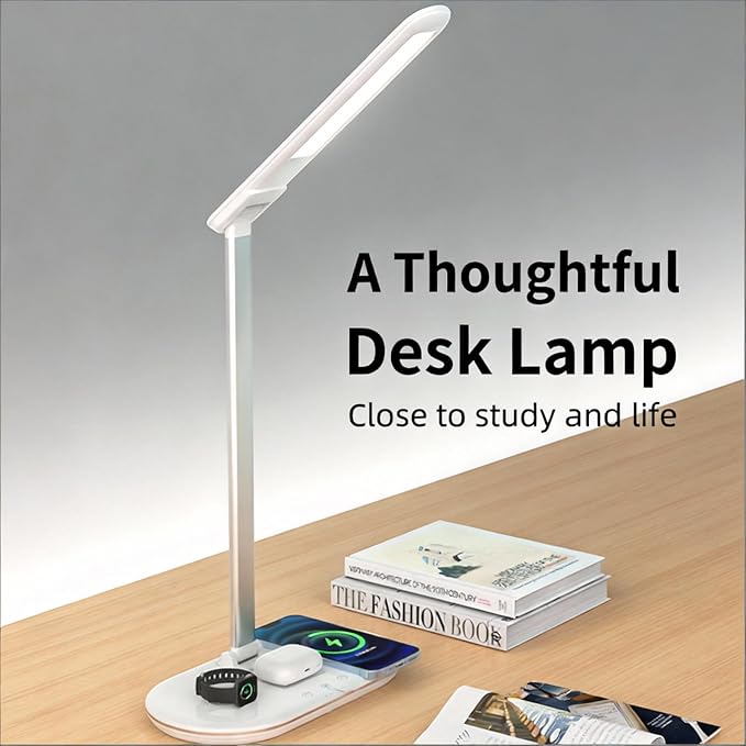 3-in-1 Wireless Charging Desk Lamp for Office&Home-15W Fast Qi Charger for Phone,Watch, AirPods,Adjustable Color&Brightness,Wide Angle Lighting,Touch Control,HYT2096 White.
