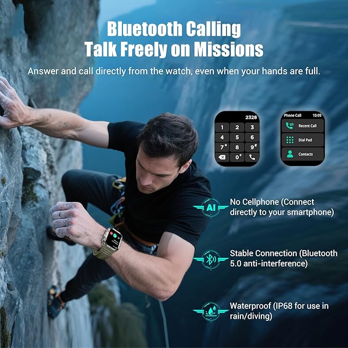 Military Tactical Smart Watches for Men, 100-Day Battery Rugged Fitness Watch with Compass & Flashlight, Sports Watch for Android with 2.01" HD Display AI Voice, IP68 Waterproof Smartwatch (Black)