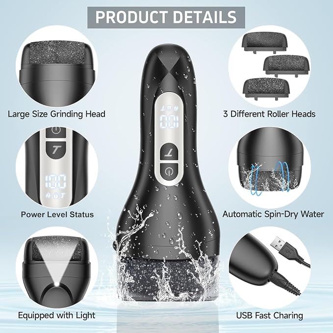 AdamPark Electric Foot File Callus Remover, Rechargeable Pedicure Tools Foot Care Kit, Portable Callus Remover Kit with 3 Roller Heads,2 Speed,Battery Display (Black Z2)