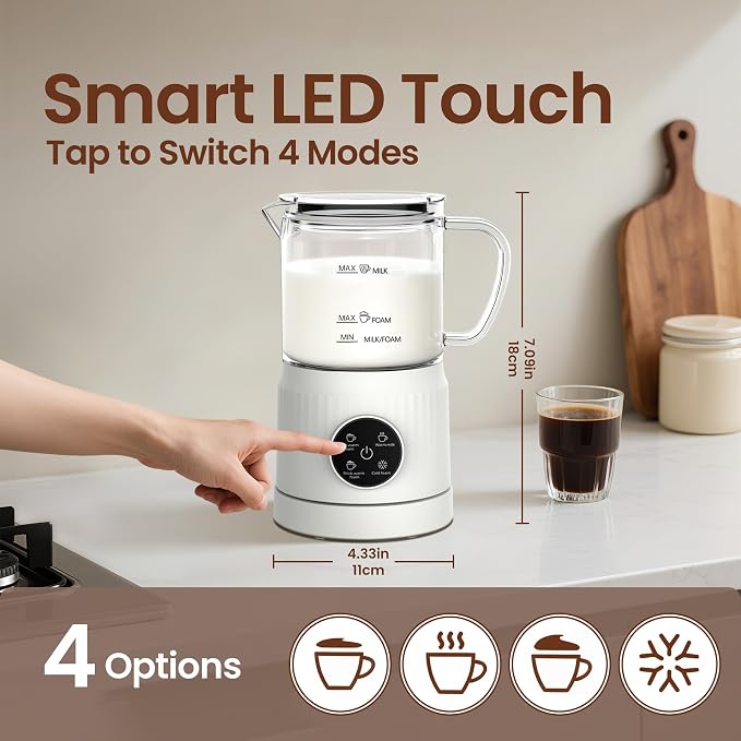 4-in-1 Electric Milk Frother and Steamer for Whole Milk, LED Touch Screen, Cold and Warm Foam Maker, Ceramic-Coated, 13.52oz for Lattes, Cappuccinos and Hot Chocolate, Auto Shut-Off, Cream White