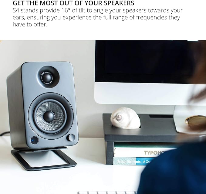 Kanto S4 Tilted Desktop Speaker Stands for Medium Bookshelf Speakers & Mid-Size 3”-4” Studio Monitors | Supports 8 lbs | Damping Foam Padding | ¼”-20 Mounting | Pair | Black