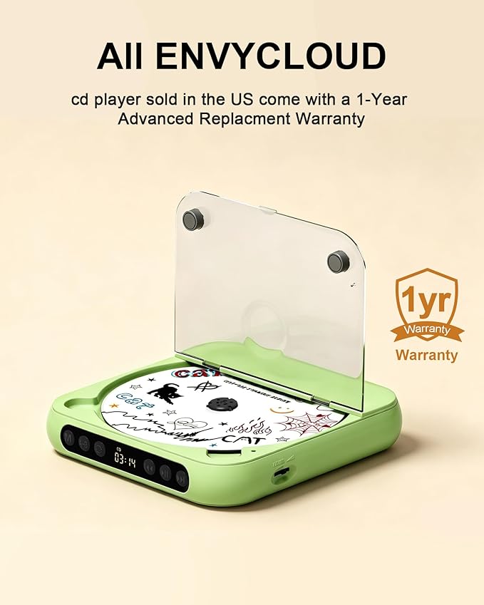 ENVYCLOUD CD Player Portable with Dual Stereo Speakers, Rechargeable Portable Player with Bluetooth for Home with Headphones, Support CD/AUX/USB,Green