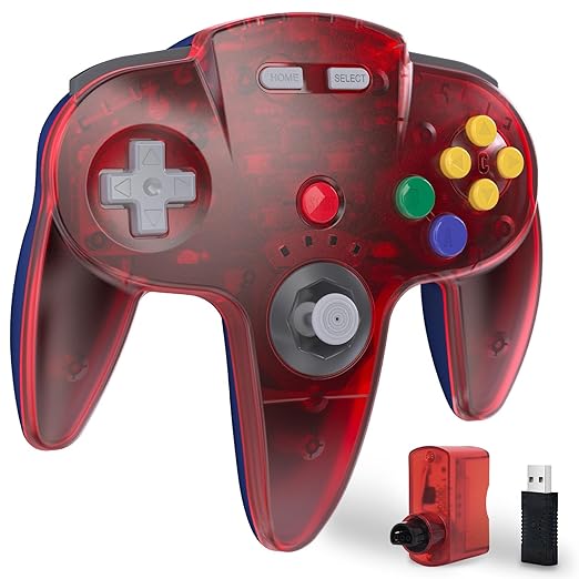 KIWITATA N64 Wireless Controller for Switch Games, 2.4GHZ Rechargeable N64 Remote Joystick Wireless Gamepad Controller Compatible with N64 System, Raspberry Pi, MAC,PC Windows 7,8,10,11 Clear Red