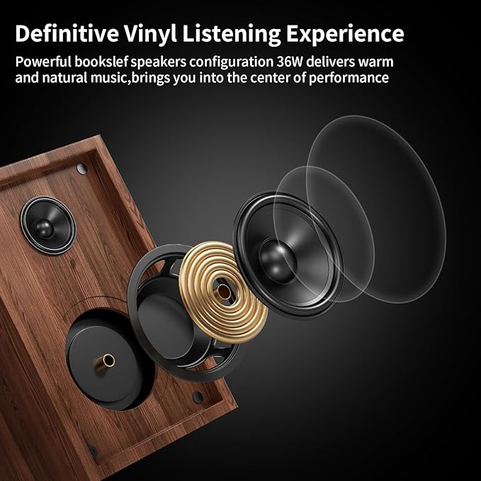 FEKTIK Record Player with Magnetic Cartridge, Bluetooth Belt Drive Vinyl Turntable High Fidelity System with 36 Watt Bookshelf Speakers, Built-in Phono Preamp, USB Recording and Auto Stop