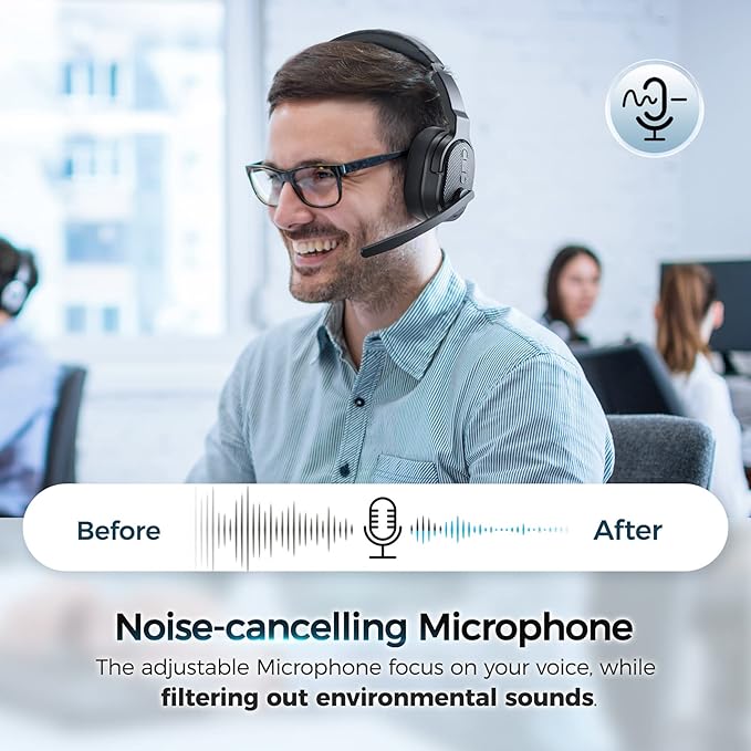 COSMUSIS Trucker Bluetooth Headset, Wireless Headsets with Noise Cancelling Microphone, Long Battery Life Bluetooth Headphones with Detachable Earpad/Single+Dual Mode for Office/Driving/Home