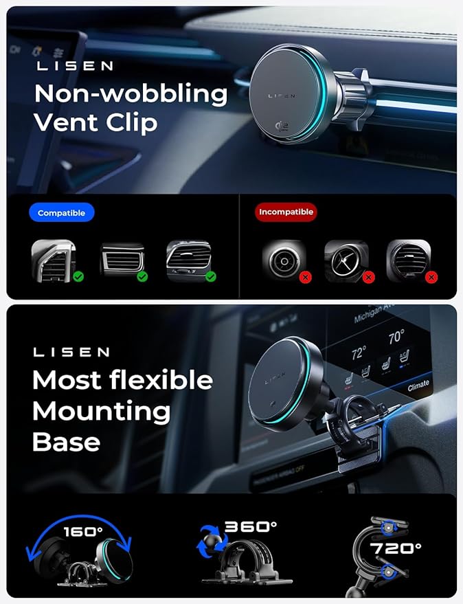 LISEN for Qi2.2 25W MagSafe Car Mount Charger，[Smart Cooling Fan＆95W Fast Adapter] Magnetic Wireless Car Charger, Phone Holders for Your Car Accessories for iPhone 17 Pro Max Air 16 15 14 13 12 | [Smart Cooling Fan] Magsafe Car Mount Charger, [Qi2 25W ...