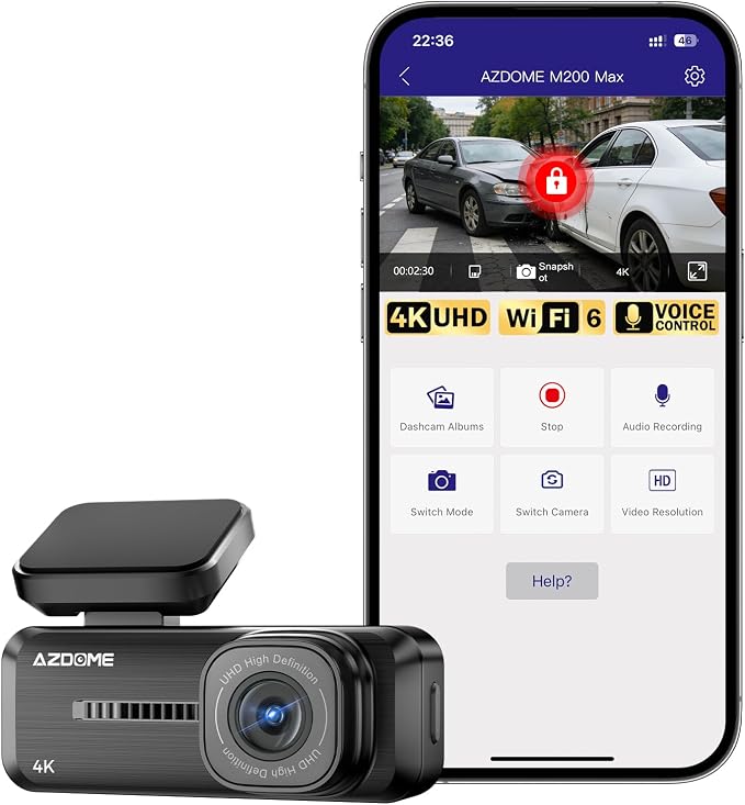 AZDOME 4K Dash Cam Front, Voice Control Dash Camera for Cars, WiFi 6 Mini Dashcam with APP Live Chat Support, Car Camera, Loop Recording, G-Sensor, 24H Parking Mode, Support 256GB Max Easy to Install