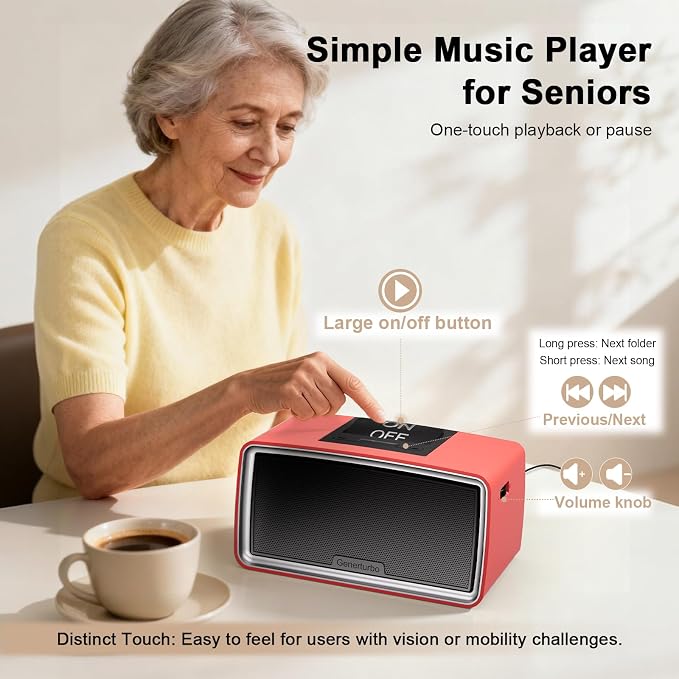 Large Button Simple Music Player for Seniors, Easy MP3 Player for Elderly, Dementia, Blind,Alzheimer's & Visually Impaired, Music Box with 32GB TF Card, One-Touch Play (Red)