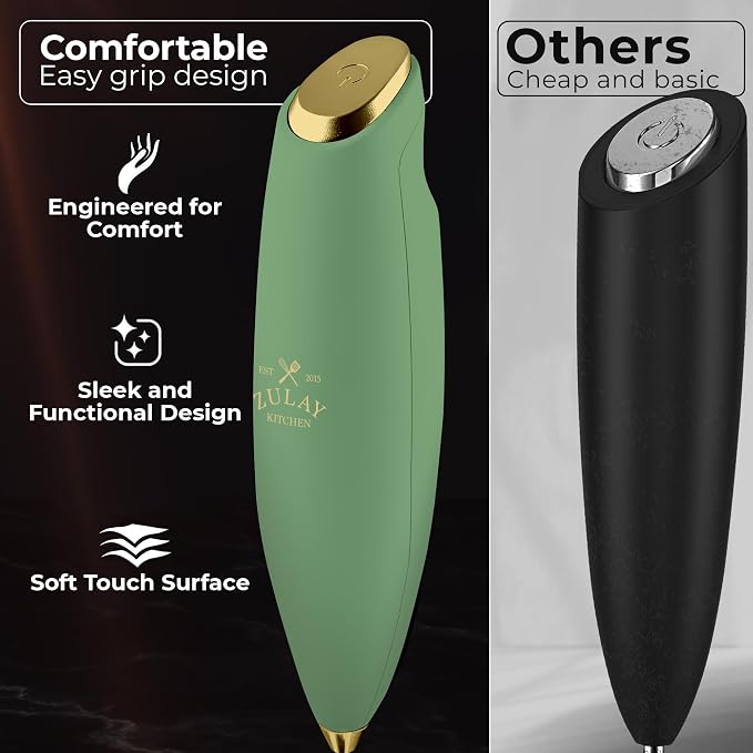 Zulay Kitchen Powerful Milk Frother Wand With Duracell Batteries - Ultra Fast Handheld Drink Mixer - Electric Whisk Foam Maker for Coffee, Lattes, Cappuccino & Matcha - Triple Whisk - Olive Gold
