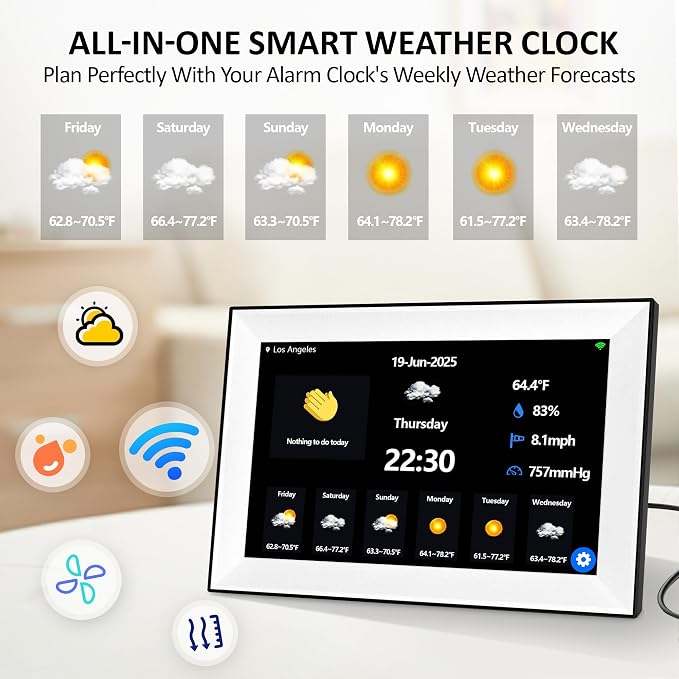 WiFi 10.1 Inch Digital Alarm Clock for Seniors, Large Display with Day/Date Smart Touchscreen Electronic Calendar 64 Alarms 64 Reminders Dementia Alarm Clock for Elderly（White）