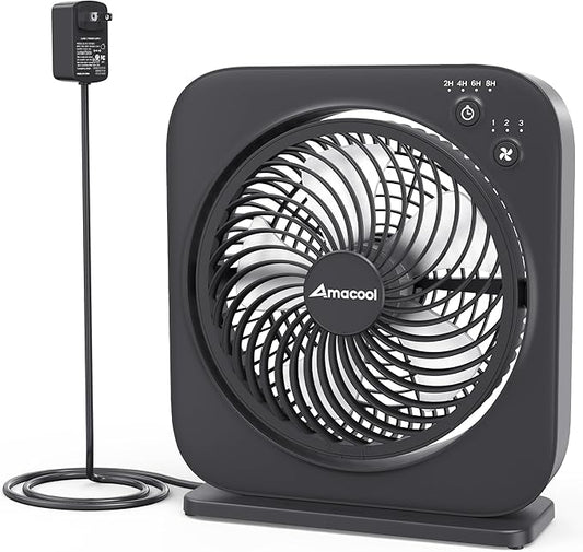 AMACOOL Table Fan, 12 inch Box Fan with 3 Speeds & 8HRS Timer, 270° Pivoting Quiet Air Circulator, Desktop Fan for Bedroom Bathroom Kitchen Office, AC Adapter Included, Co-Branded with Cmyfato-Black