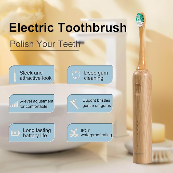 Oscillating Ultrasonic Electric Toothbrush with Bamboo Brush Heads (5 Pack), Sweeping & Vibrating,Type-C Rechargeable, IPX7 Waterproof, 4 Modes for Optimal Oral Care - Perfect Holiday Gift