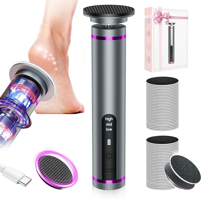 Electric Foot Callus Remover with Nano-Glass Head & 60Pcs Sandpaper Discs, 4 Hours Run Time, Electric Callus Remover for Feet with 3 Adjustable Speeds, Pedicure Tools for Dry Dead Skin Cracked Heels