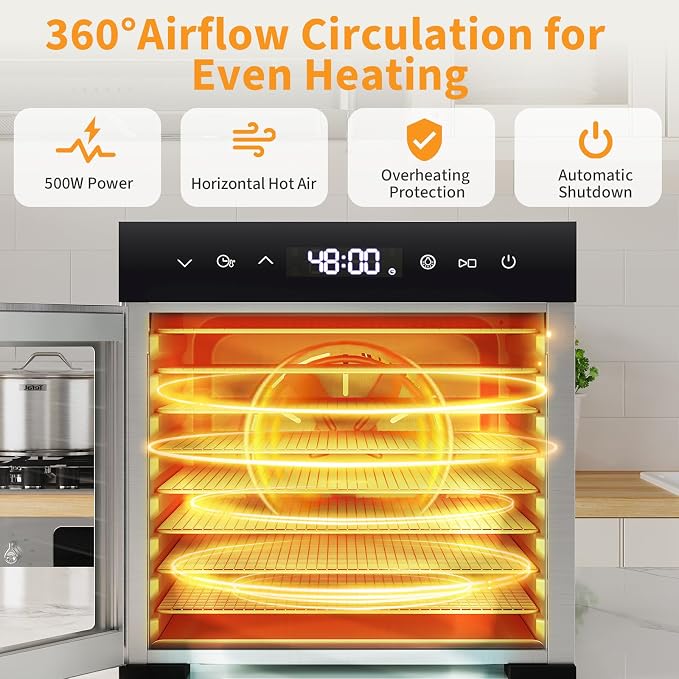 NEWBULIG 8 Stainless Steel Trays Food Dehydrator, 500W High Power Electric Food Dryer, 24 Hours Timing, 185°F Adjustable Temp, Perfect for Fruit, Meat, Jerky, Herbs and Dog Treats
