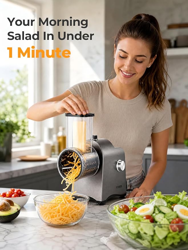 FOHERE Upgraded Electric Cheese Grater, 300W DC Motor Salad Shooter, 6-in-1 Electric Vegetable Slicer Shredder with Widened Feeding Port for Block Cheese, Vegetables Nuts, One-Touch Control